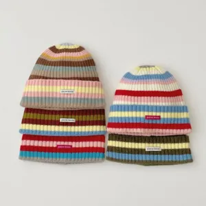 Colorful Striped Knit Beanie Cute Letter Label Autumn Winter Warm Thermal Wool Cap