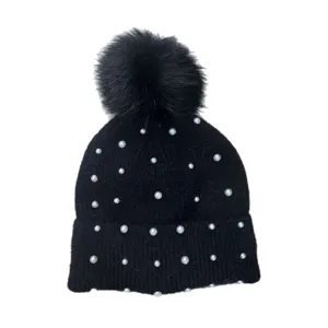 Women winter warm knitted beanie hat with faux fur pom pom and pearl rivets black stylish
