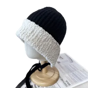 Women winter knit hat plush brim black white warm beanie ear protection cap stylish daily