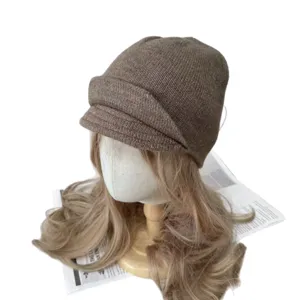 Sombrero de punto cálido para mujer otoño invierno color sólido doble ala gorra de periódico