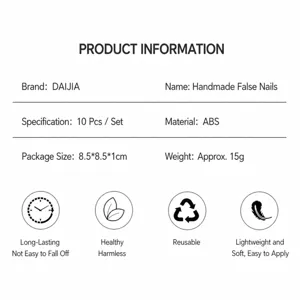 Handmade press-on nail detailed specifications, size, material and packaging information overview.