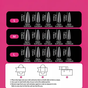 Detailed size chart and measurement guide for long sharp press-on fake nails S M L sizes.