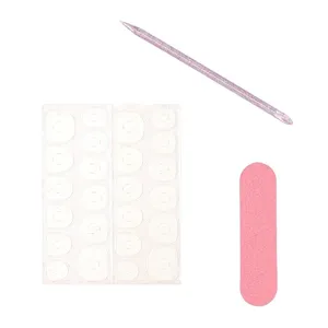 Detailed view of professional nail prep tool set including adhesive jelly tabs and file.