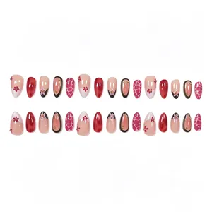 Faux ongles amande longueur moyenne 30 pcs français floral rouge faux ongles manucure set