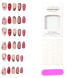 Kit de faux ongles amande style francais fleurs tie dye avec colle et lime 30pcs set