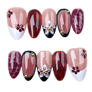 Faux ongles amande longueur moyenne dégradé français fleurs perles dorées kit