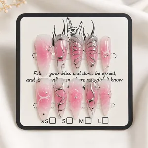 Handmade press-on nails long stiletto pink gradient 3D silver butterfly fake nails set