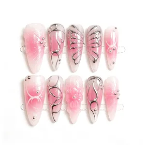 Handmade long stiletto press-on false nails pink gradient 3D silver butterfly art set