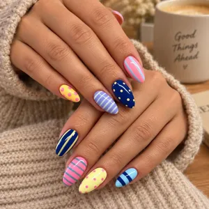 24 Pièces Faux Ongles à Presser Style Dopamine Rayés à Pois Color Block Longueur Moyenne Forme d'Amande Avec Colle Gelée et Lime à Ongles pour Femmes