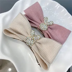 Knitted bow hair clips with rhinestone rabbit, cute winter hairpin spring clip for women.