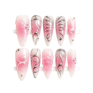 Handmade press-on nails, spring summer pink gradient 3D butterfly long stiletto fake nails