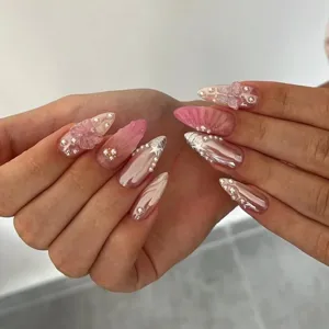 Long Almond Press On Nails 3D Relief Pearl Star Bow Design ABS False Nails Sweet Style Daily Wear Nail Art Set