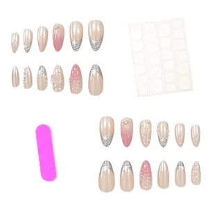 24pcs Long Almond Press-on Nails 3D Relief Pearls Stars Butterfly Fake Nails Kit