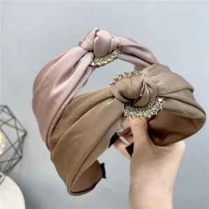 Wide Satin Headband For Women Rhinestone Round Flower Knotted Hair Hoop Elegant Fashion Hair Accessories Headwear