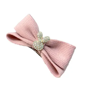 Pink knitted bow hair clip with sparkling rhinestone rabbit spring clip for cute autumn styles