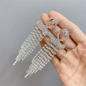 Long rhinestone fringe earrings, sparkling crystal tassel drop earrings for women party wear.