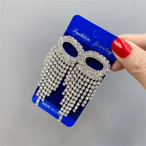 Long rhinestone fringe earrings sparkling silver tassel design elegant fashion party jewelry drop