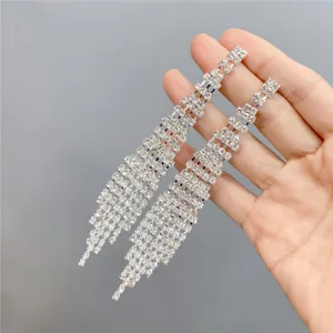 Long rhinestone tassel earrings sparkling crystal drop dangling fashion jewelry for women