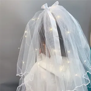 Double layer mesh bridal veil with pearls, bow, and LED lights for wedding hair accessories.