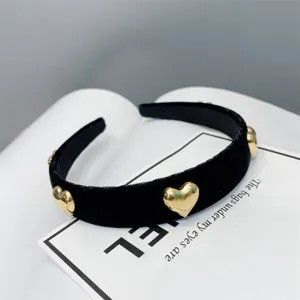 Elegant black velvet headband with gold heart charms wide hair hoop chic women hair accessory