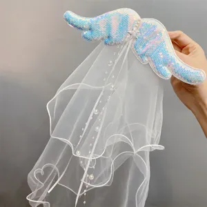 White Double Layer Mesh Veil Hair Clip Angel Wing Artificial Pearl Bow Kids Bridal Hair Accessories For Wedding Party