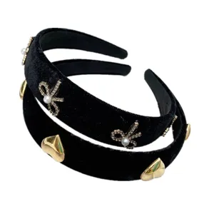 Black velvet padded headband with gold metal hearts and rhinestone pearl bows for women and girls