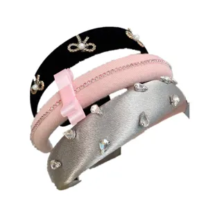 Fashion crystal bow headband set, velvet and satin hair hoop for elegant women and girls.