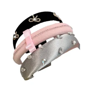 Chic wide velvet rhinestone bow headband set, stylish high crown hair hoops for women and girls.