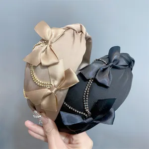 Korean fashion double bow rhinestone headband sweet satin knotted hair hoop daily elegant wear