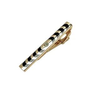Men's golden metal tie clip with black geometric pattern and rhinestone for business suits.