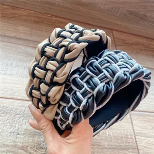 Serre-tête tressé en cuir PU large bandeau accessoire de cheveux tendance bicolore chic