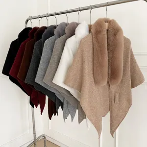 Fall Winter Women Korean Style Faux Fox Fur Collar Knitted Shawl Solid Color Warm Cape Outerwear Scarf