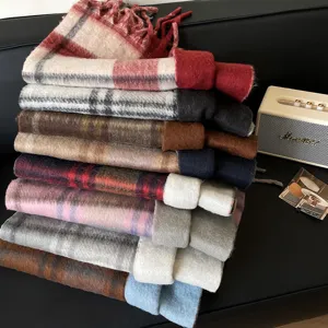 Thickened warm plaid scarf detailed view, classic cozy winter neck warmer and stylish shawl.