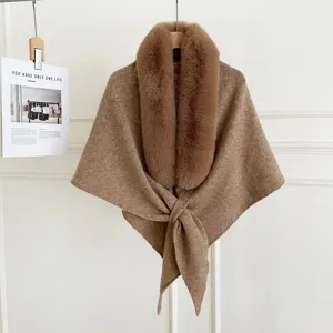 Autumn winter Korean style faux fur collar knitted shawl solid color warm cape scarf for women.