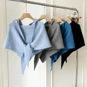 Autumn winter hooded knit triangular shawl cape for women, cozy wool blend solid color wrap.