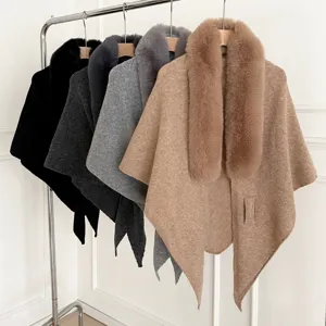 Winter Korean faux fur collar knitted shawl cape warm solid color cozy elegant outer wrap