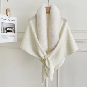 Korean style women winter warm knitted shawl cape with faux fur collar solid color outerwear