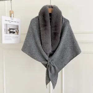 Grey knit shawl cape with fluffy faux fur collar winter warm women elegant triangle scarf.
