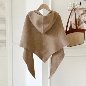 Brown hooded knitted cape warm solid color winter women shawl poncho wrap scarf top new