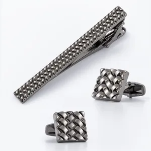 Gunmetal tone woven pattern tie clip and square cufflinks set for men business wedding.