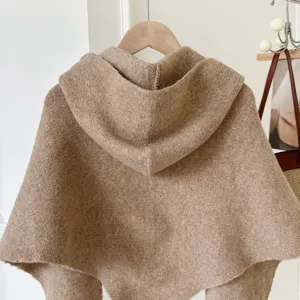 Autumn winter women solid color knitted hooded cape warm wool blend triangle shawl scarf