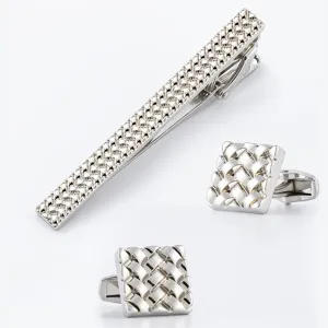 Silver tie clip and square cufflinks set with woven pattern for men formal business.