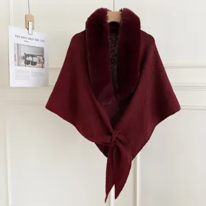 Korean style faux fur collar knitted shawl solid color warm cape winter scarf for women