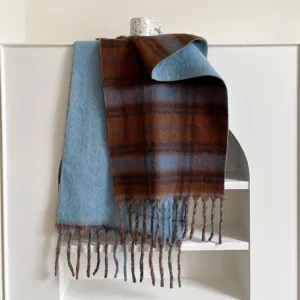 Chic blue and brown plaid winter scarf, cozy thickened thermal fringe shawl for cold days.