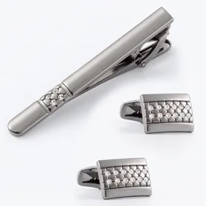 Gunmetal alloy rhinestone tie clip and cufflinks set for men, elegant business suit accessory.