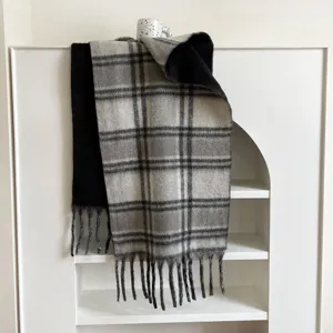 Cozy black and grey plaid scarf for women and men, thick warm winter tartan fringe shawl wrap.