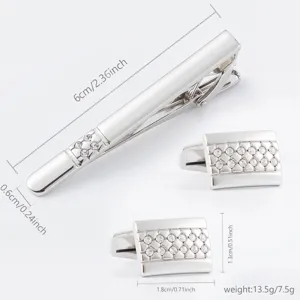 Metal tie clip and cufflinks set with sparkling rhinestones for men business wear accessories.