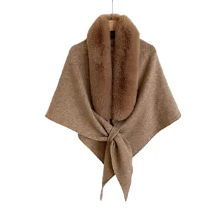 Women autumn winter knitted shawl cape faux fur collar brown warm wrap scarf outerwear