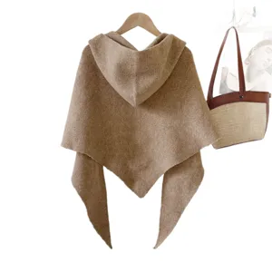 Autumn winter solid color hooded knitted triangle cape shawl warm poncho sweater outerwear.