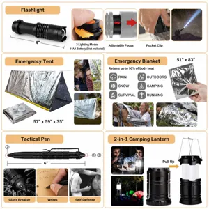 Outdoor survival gear set including tactical pen, flashlight, tent, and emergency blanket.
